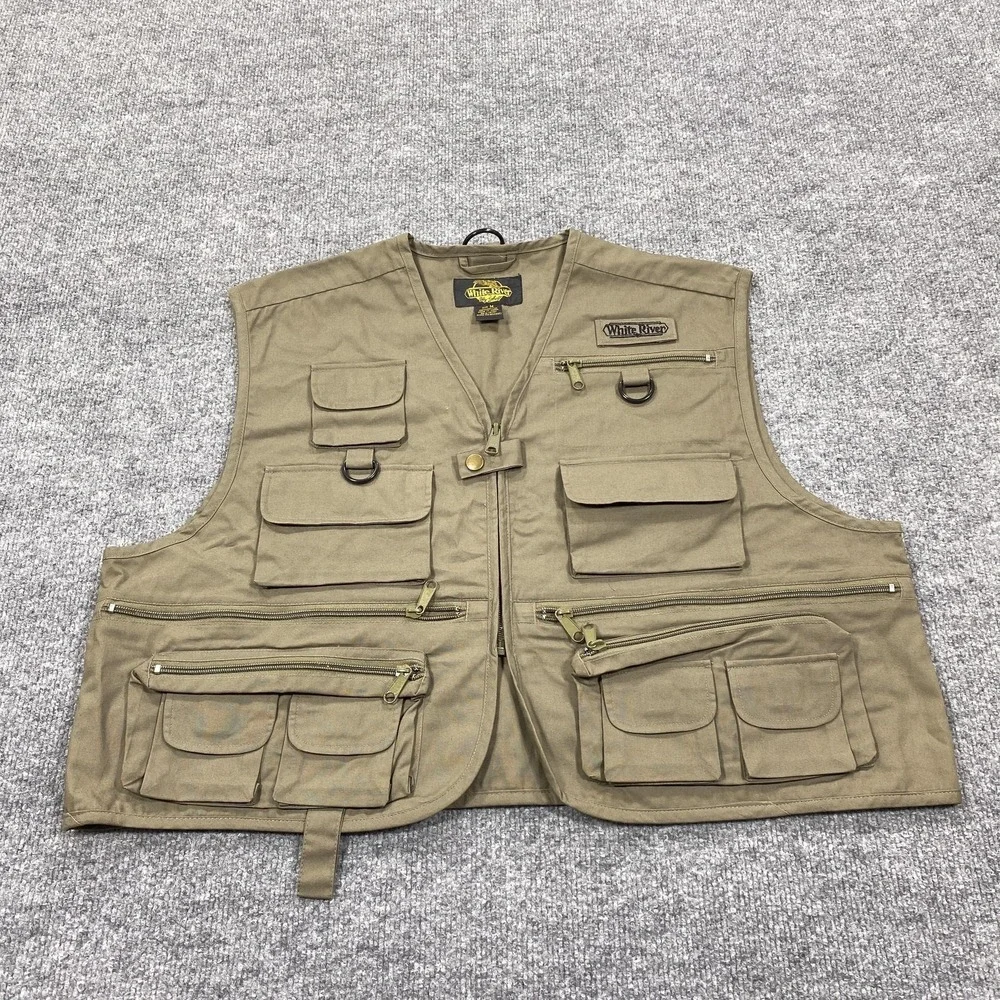 White River Fly Shop Vest Mens Medium Beige Canvas Fishing Zip Pockets